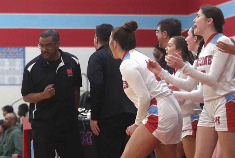 Marian Central’s Head Coach Lee Brown and the Hurricanes get revved up as they build a first-half lead over Rockford Guilford in varsity girls basketball Saturday at Landers Pavilion on the campus of Marian Central High School in Woodstock.