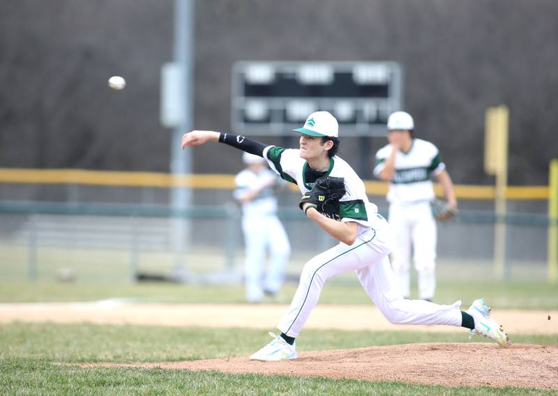 Glenbard West pitcher Nick Pleasant throws during a game against Batavia at Village Green Park in Glen Ellyn on Wednesday, March 13, 2024.