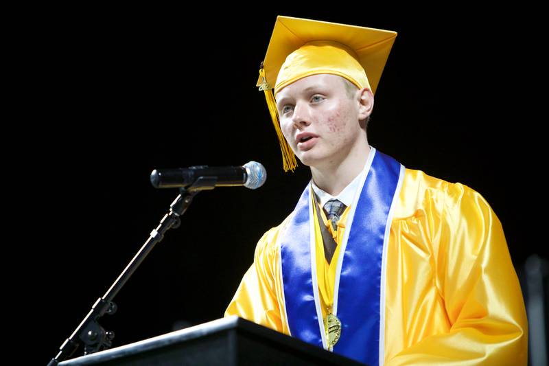 Valedictorian John LaRosa address the class at the Jacobs High School graduation ceremony on May 21, 2022, at the NOW Arena in Hoffman Estates.