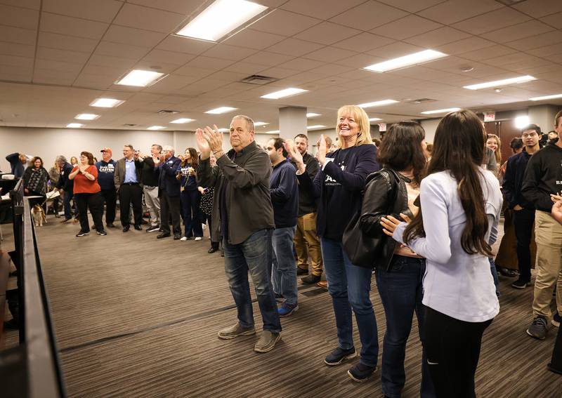 Supporters cheer as election results come in during U.S. Rep. Sean Casten’s watch party at Chicagoland Laborers' District Council in Burr Ridge, Ill. on Tuesday, Nov. 8, 2022.