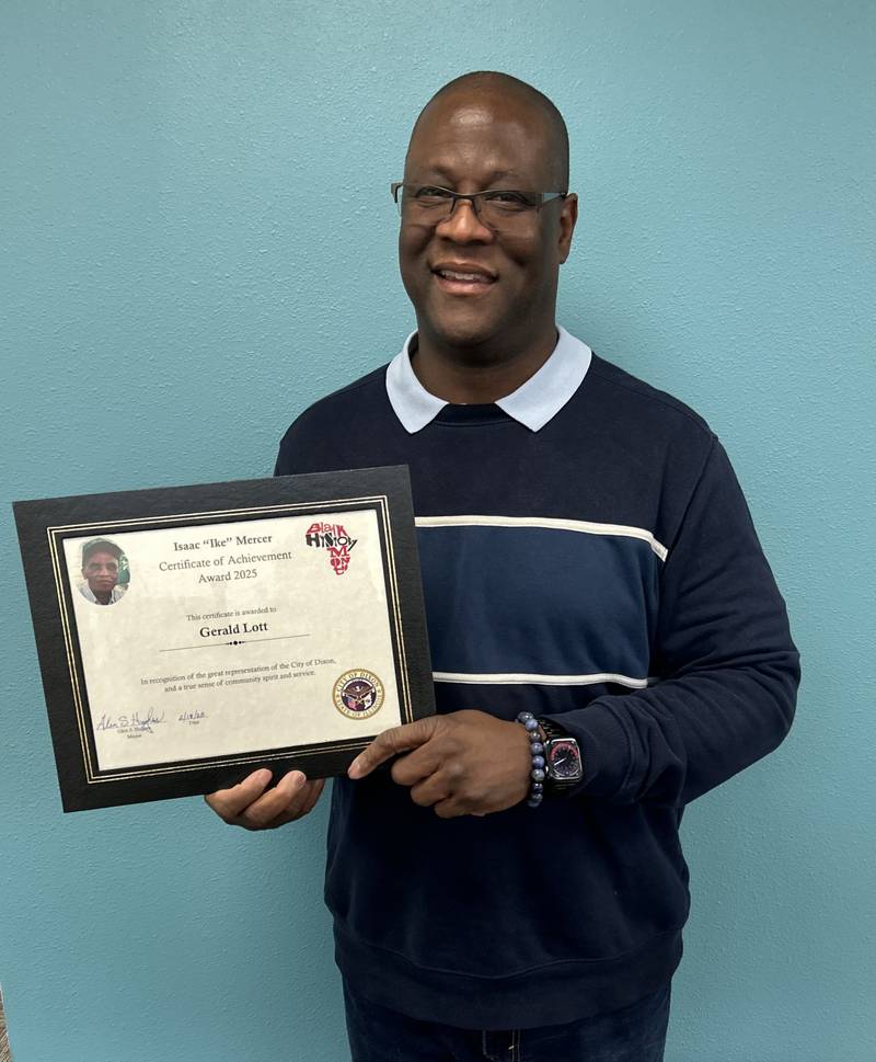 Gerald Lott, executive director at Sauk Valley Voices of Recovery, was presented the Ike Mercer Certificate of Achievement Award at the Dixon City Council's meeting Tuesday, Feb. 18, 2025.