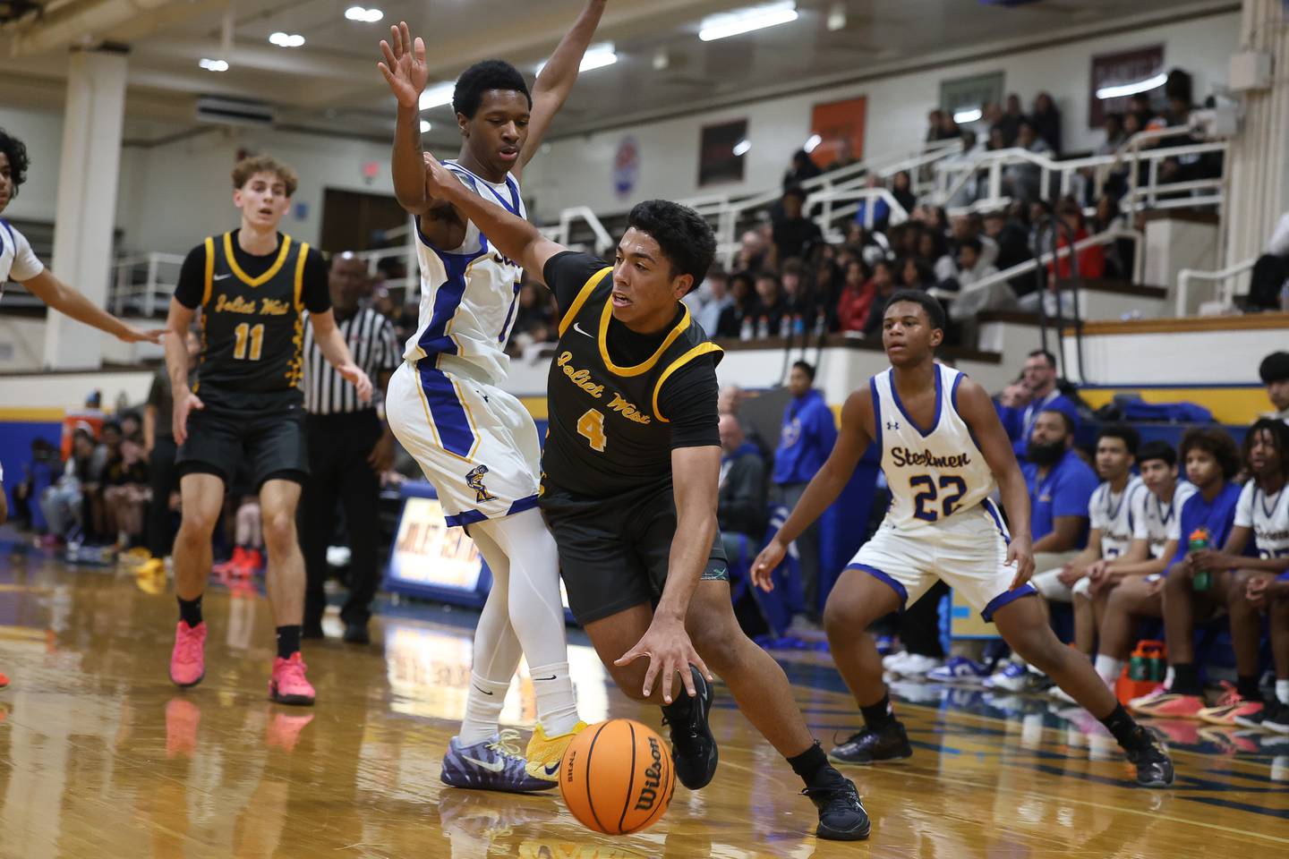Joliet West’s Brockton Goehrke drives to the basket against Joliet Central on Thursday, Jan. 15, 2026 in Joliet.