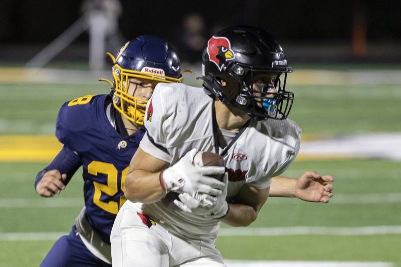 Sterling’s Emmanuel Arreola close in on a tackle against Metamora’s Eden Cote Friday, Aug. 30, 2024 at Sterling High School.