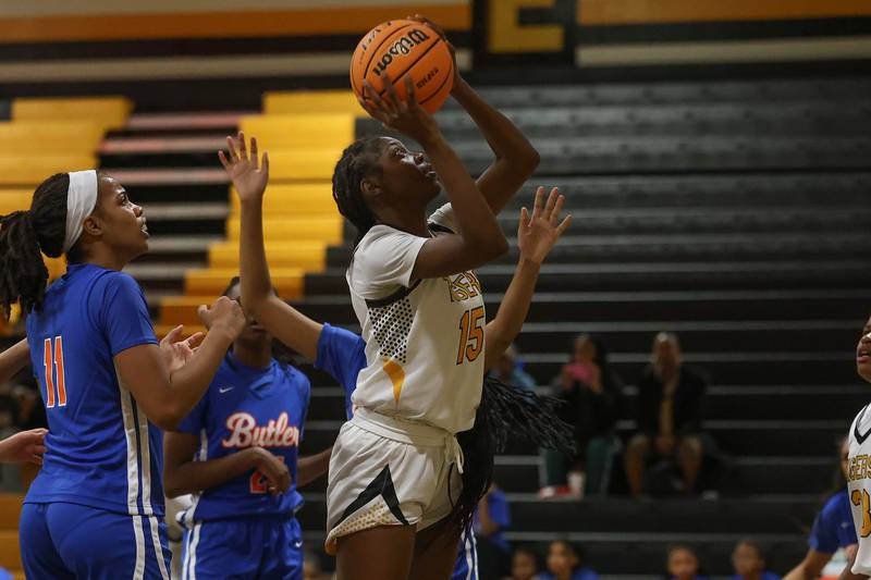 Joliet West’s Temperance Jackson puts up a shot against Butler College Prep on Tuesday, Dec. 16, 2025 in Joliet.