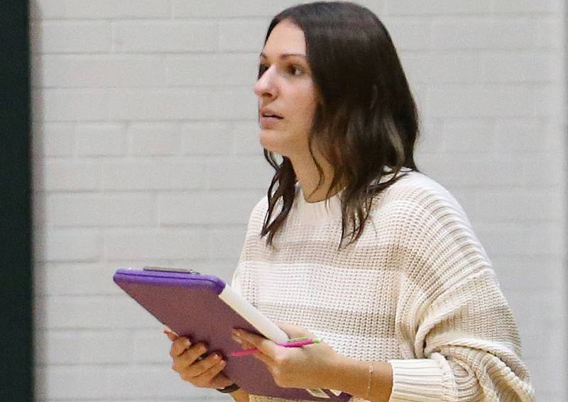 St. Bede head volleyball coach Kaitlyn Edgecomb watches her team play Putnam County on Tuesday, Sept. 24, 2024 at St. Bede Academy.