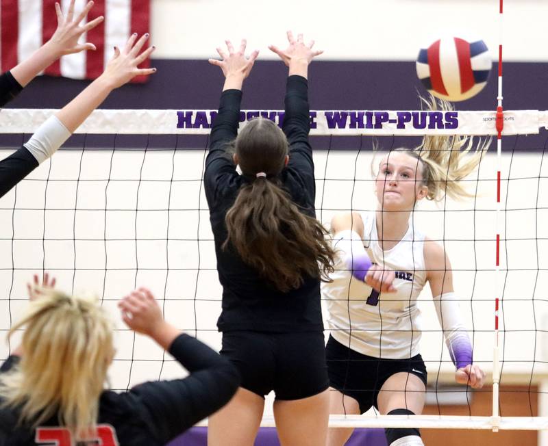 Hampshire’s Elizabeth King hammers the ball over the net against Huntley in varsity girls volleyball at Hampshire High School in Hampshire on Tuesday, Sept. 23, 2025.