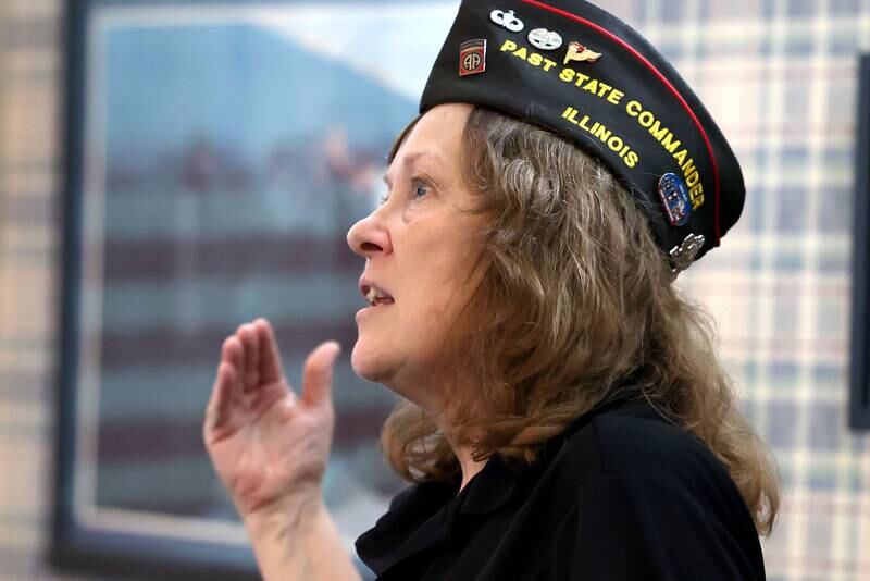 DeKalb County Board member and U.S. Army veteran Laurie Emmer, first woman to command the Illinois Veterans of Foreign Wars, talks Wednesday, Oct. 4, 2023 in the Sycamore Veterans Club about what her term as the state commander was like.