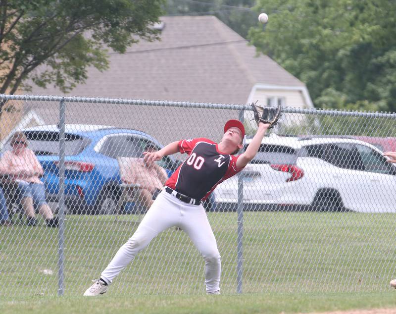 Spring Valley's Cade Zimmerlein catches a foul ball in out of bounce territory against Burbank during  the Central Regional Senior Baseball Regional tournament at J.A. Happ Field in Washington Park in Peru.