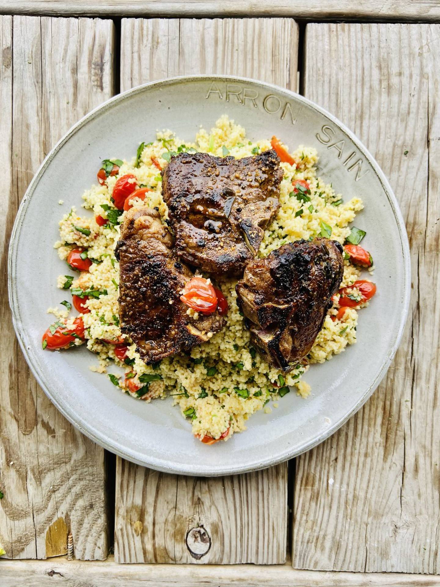 Pictured are lamb chops stuffed with spinach tomato couscous, as created by Plainfield's Aaron Sain, owner of Ensignly Fitness Foods.