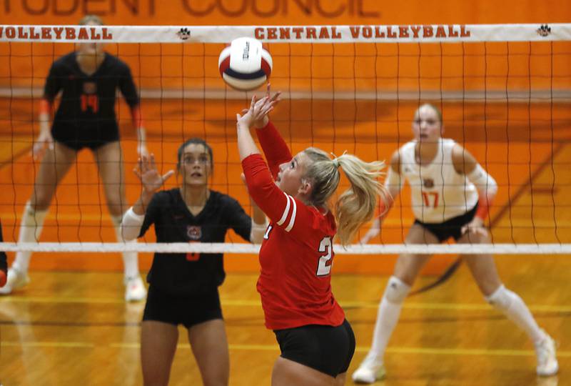 Huntley's Abby Whitehouse sets the volleyball during a Fox Valley Conference volleyball match against Crystal Lake Central on Tuesday,Aug. 26, 2025, at Crystal Lake Central High School.