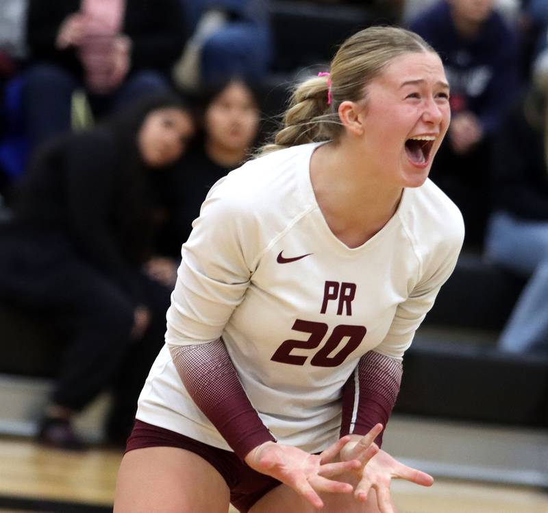 Prairie Ridge’s Ava Bell celebrates a point against St. Viator in IHSA Class 3A Super-Sectional girls volleyball at Streamwood High School in Streamwood on Monday, November 10, 2025.