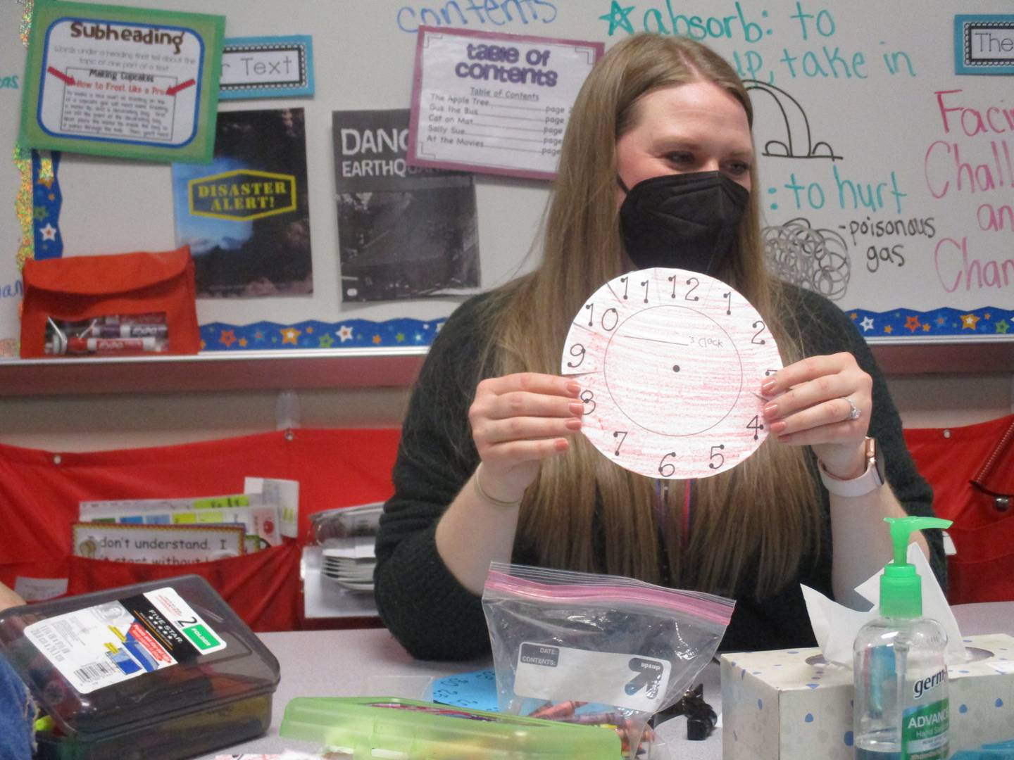 Second-grade teacher Ashley Porras gives her students a lesson in telling time. Porras teaches at the Oswego School District 308's Grande Park Elementary School in Plainfield. (Mark Foster -- mfoster@shawmedia.com)