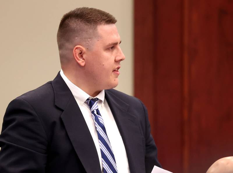 Former police officer James Corralejo asks Circuit Court Judge Philip Montgomery for probation during a statement prior to his sentencing Thursday, July 17, 2025, at the DeKalb County Courthouse in Sycamore. Corralejo was sentenced to four years in prison for a Class 2 felony count of driving under the influence of alcohol causing death for a 2023 crash that killed Graciela Reza Contreras.