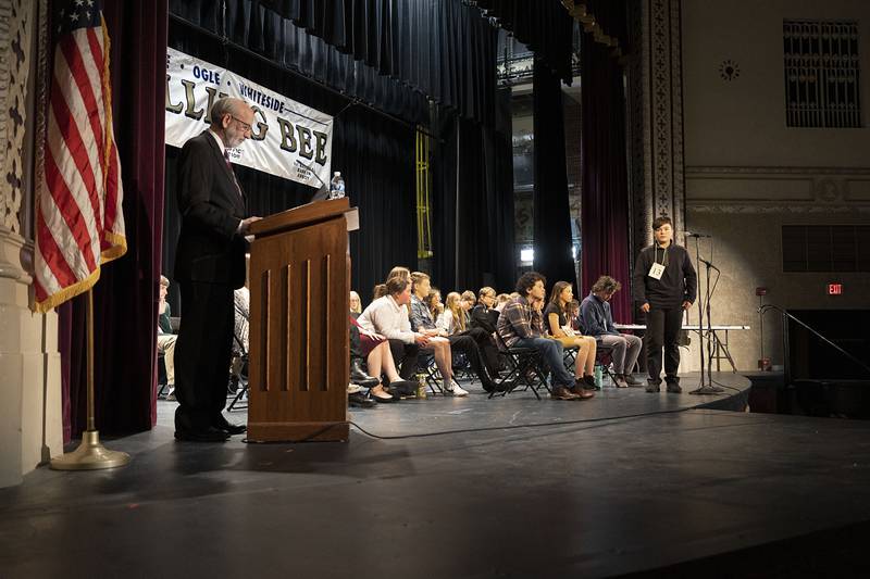 Alexander Ottens of Prophetstown-Lyndon-Tampico Middle School appears on stage before spelling the final word correctly to win the Lee-Ogle-Whiteside Regional Spelling Bee Thursday, March 9, 2023.