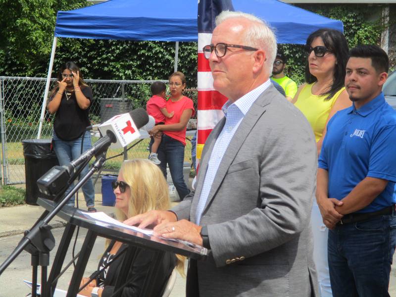 Joliet Mayor Terry D'Arcy speaks to the crowd gathered for the dedication of Albert Avenue in Joliet to Staff Sgt. Jose Duenez Jr. Friday, July 11, 2025