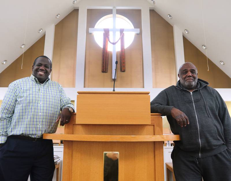 Shaw Local 2018 file photo - Joe Mitchell, (left) senior pastor at New Hope Missionary Baptist Church, and his dad Leroy, founding pastor, Friday Feb. 23, 2018 at the pulpit in the DeKalb church.
The church will celebrate 35 years the weekend of July 9, 2022.