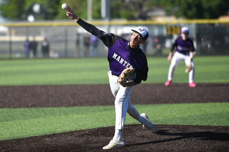 Manteno's Braden Campbell throws a pitch during a game at Herscher Monday, May 11, 2026.