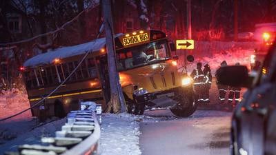 School bus crashes into ditch, downs live wires near McHenry