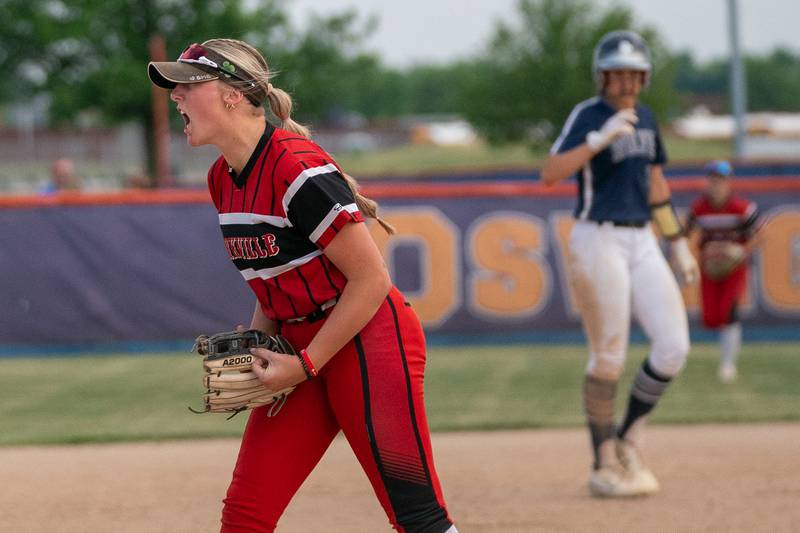Yorkville's Madi Reeves (2) reacts after ending the game on a strike out against Oswego East to win the Class 4A Oswego softball sectional semifinal between Yorkville and Oswego East at Oswego High School on Tuesday, May 30, 2023.