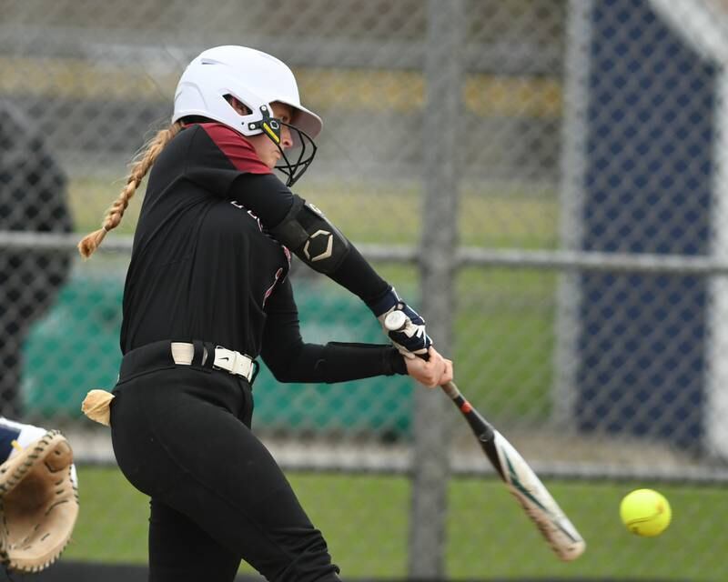 Plainfield North’s Grooklynn Griffith makes contact with the ball during the game on Thursday April 17, 2025, while traveling to take on Oswego East High School.