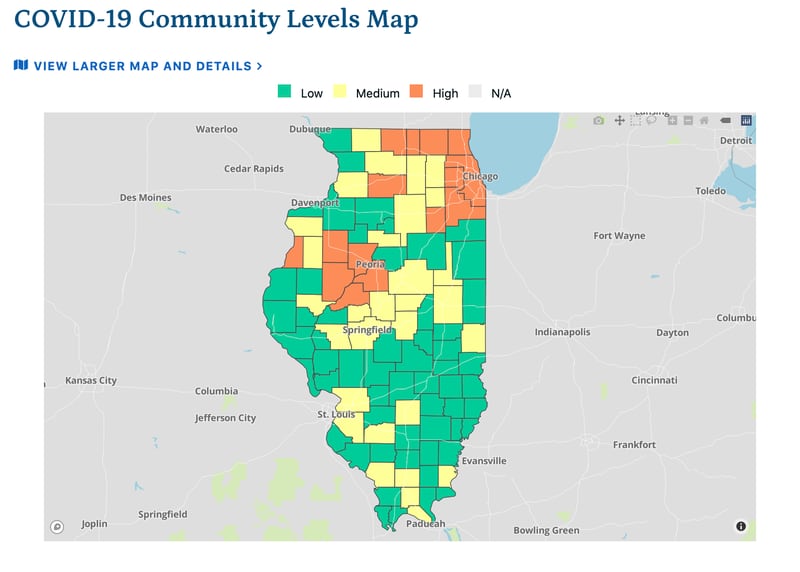 15 Illinois counties are now in "high" risk for COVID-19, according to new data from the Illinois Department of Public Health released on May 27, 2022