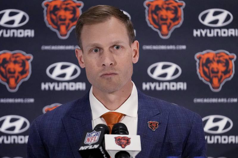 Chicago Bears new coach Ben Johnson listens following his introduction at an NFL football news conference at Halas Hall in Lake Forest, Ill., Wednesday, Jan. 22, 2025. (AP Photo/Nam Y. Huh)