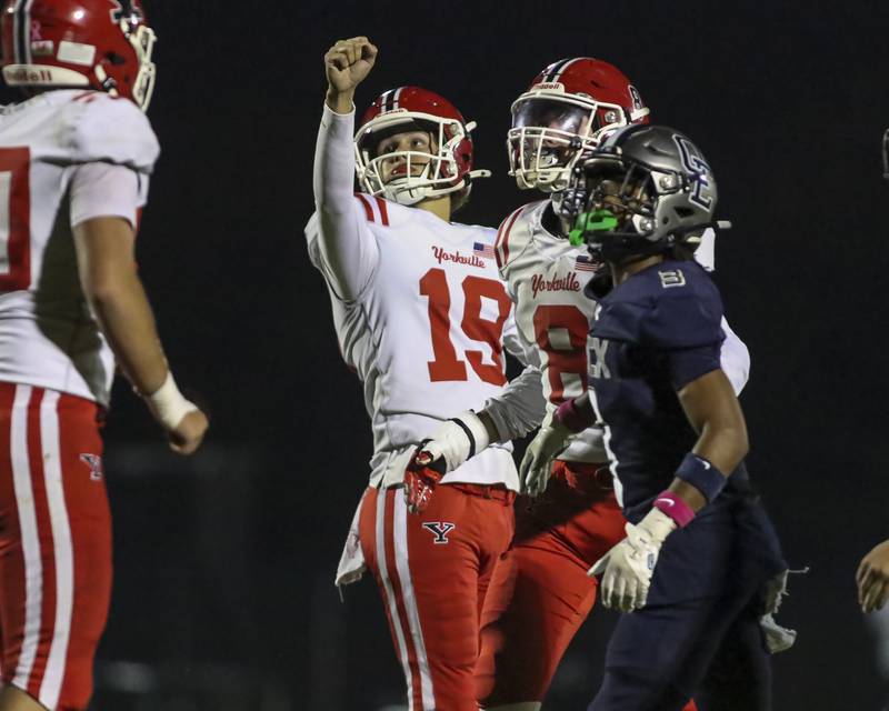 Yorkville's Kyle Nadler (19) watches his field goal sail through the uprights during football game between Yorkville at Oswego East Friday, Oct 10, 2025 in Oswego.