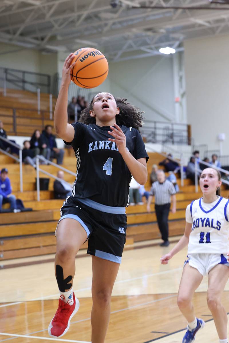Kankakee's Malea Harrison goes for a layup during the Kays' 75-28 victory over Rosary at the Reed-Custer Classic on Monday, Nov. 17, 2025.