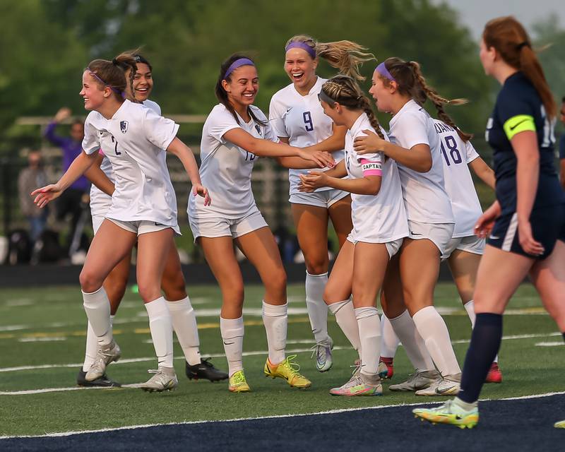 Downers Grove North celebrates Ellie Watts (24) goal during Class 3A Addison Trail Regional final soccer match between Downers Grove South at Downers Grove North.  May 19, 2023.