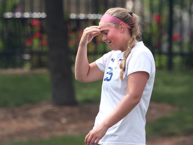 Johnsburg's Jacquelyn Douglas can’t watch after Colombia scored a goal Saturday, June 7, 2025, during the IHSA Class 1A state championship game at North Central College in Naperville.