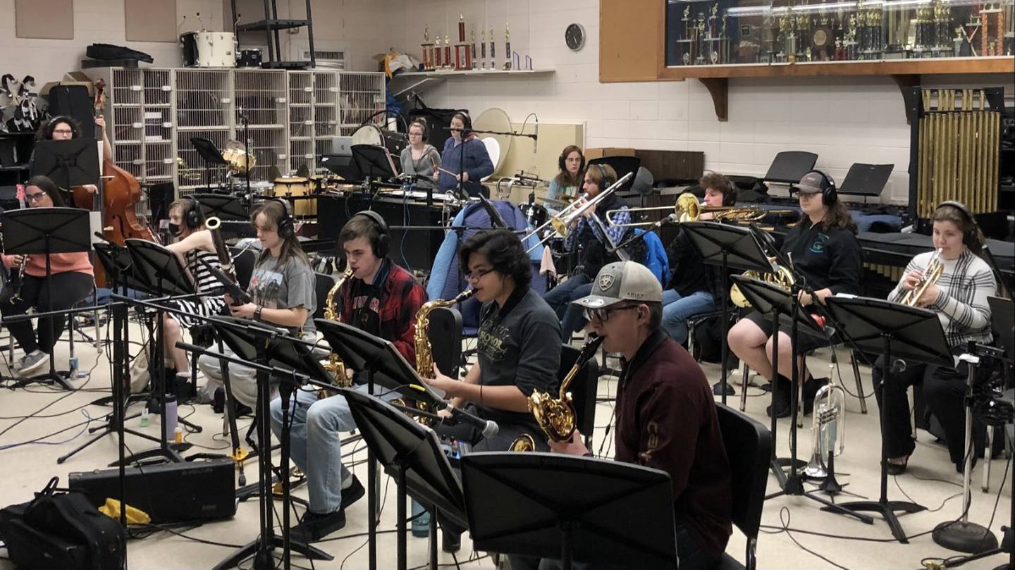 Sandwich High School band members rehearse for their spring musical, James and the Giant Peach, Friday March 16, 2023.