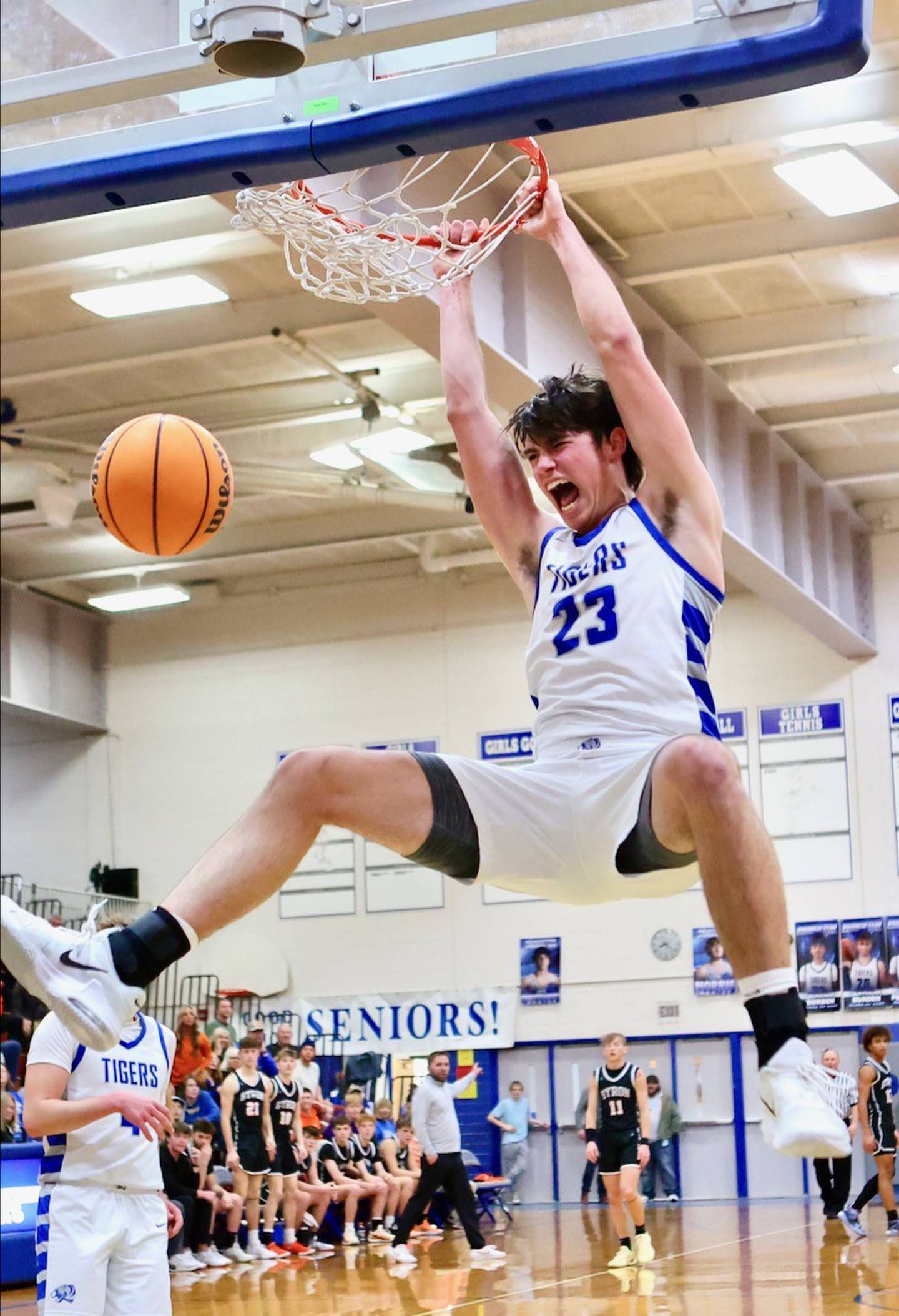 Princeton's Noah LaPorte slams the ball through in the fourth quarter of Saturday's game with. Byron at Prouty Gym. He scored 29 points to lead the Tigers to a 53-51, breaking the PHS all-time scoring record.