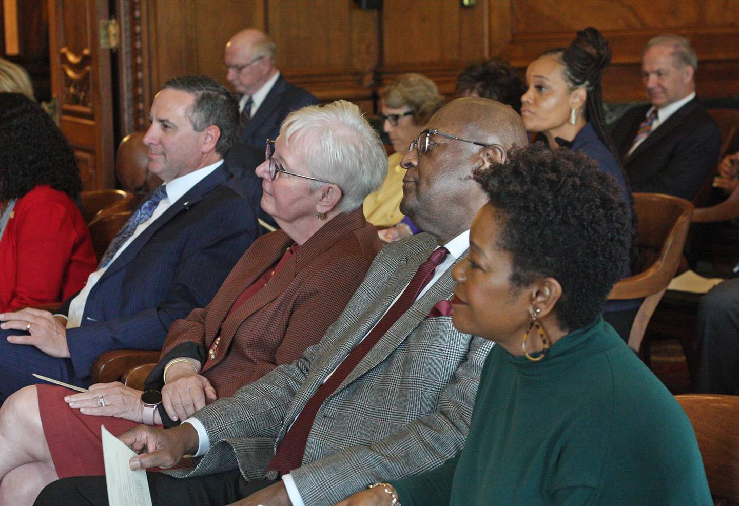 From left to right, Illinois Supreme Court Justices David K. Overstreet, Mary Jane Theis, P. Scott Neville Jr. and Lisa Holder White attend the opening of the court's new learning center.