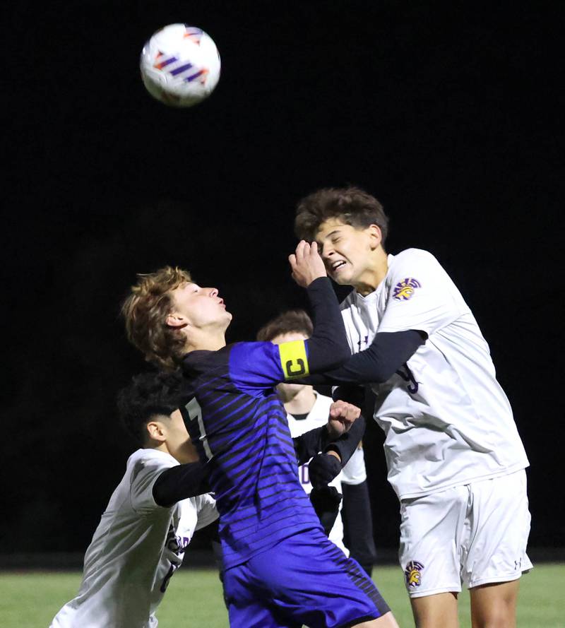 Harvest-Westminster's Brian Powers (left) and Mendota's Abel Nanez go up for a header Friday, Oct. 31, 2025, during the Class 1A Indian Creek Sectional championship game Friday in Waterman.