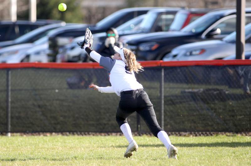 Wheaton Warrenville South’s Presley Wright makes a catch in center field during a home game against St. Charles North on Thursday, April 14, 2022.