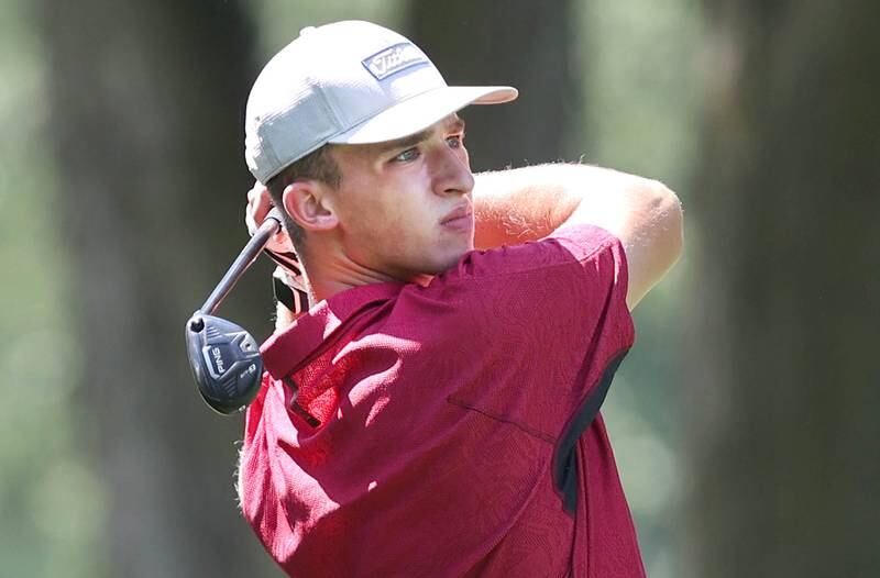 Huntley's Brendan Busky tees off on the 7th hole Monday, Aug. 22, 2022, during the Mark Rolfing Cup at Kishwaukee Country Club in DeKalb.