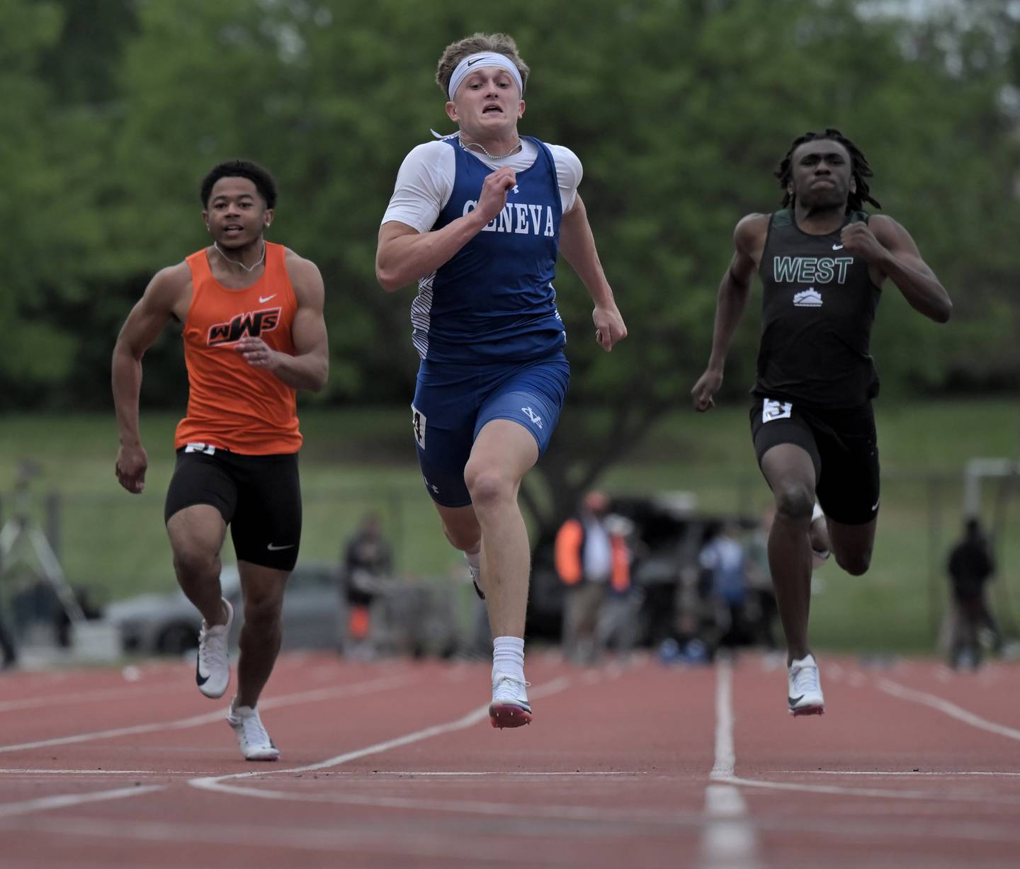 Geneva’s Bennett Konkey wins the 100-meter dash at the IHSA Class 3A boys Track & Field Sectional Championships at Lake Park High School in Roselle on Friday, May 22, 2026.