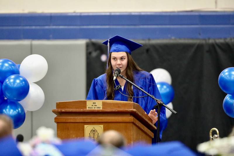 Class president and salutatorian Kaia  Robbins addresses the PHS senior class of 2022 during Saturday's commencement ceremonies at Prouty Gym.