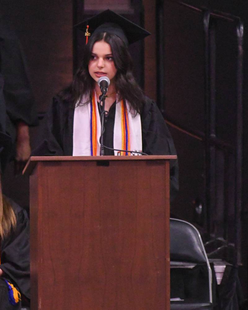 DeKalb senior Lama Ghrayeb gives her commencement speech to her fellow graduating seniors during the Class of 2023 Commencement ceremony at Northern Illinois University's Convocation Center, 1525 W. Lincoln Highway in DeKalb Saturday, May 27, 2023.