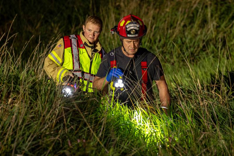 Mendota, Troy Grove, Sublette and Compton Fire Departments search for missing individual from rollover accident in fields on Sunday, Aug 31, 2025 at intersection of Route 251 and 46th road in Mendota.