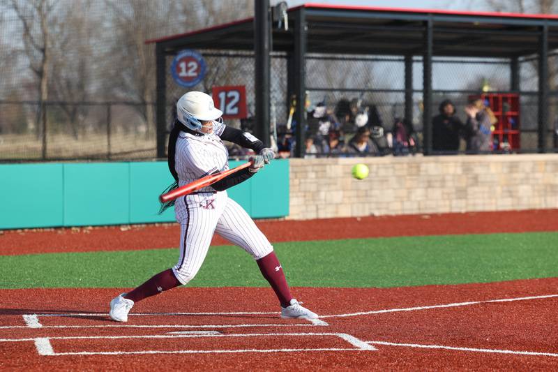 Kankakee's Madison Covington looks to connect with a pitch during the Kays 20-11 loss to Crete-Monee on Tuesday, April 7, 2026.