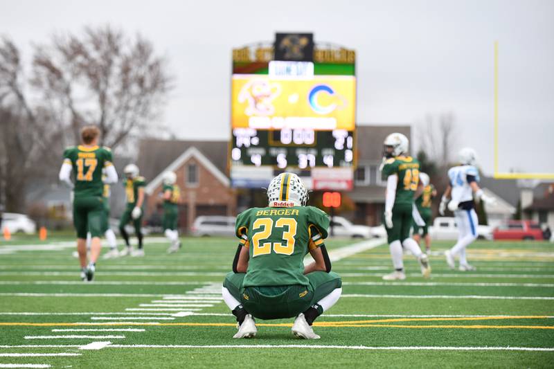 Coal City's Gavin Berger looks toward the scoreboard Saturday, Nov. 23, 2024, after the Coalers' 21-14 loss to DePaul in the IHSA Class 4A Playoffs semifinal game.