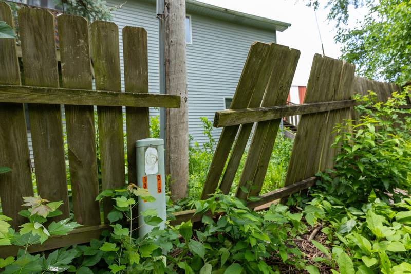 Fence breaks after being broken by suspect (Steve) in double homicide on Thursday, July 17, 2025 on 2551st Road in Sheridan.
