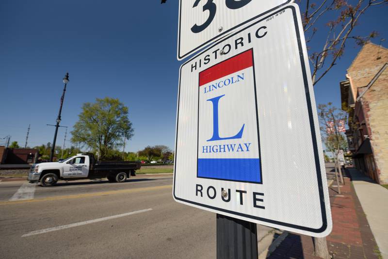 Historic Lincoln Highway sign in DeKalb, IL