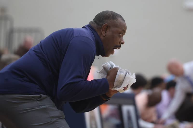 Plainfield South head coach Jeff Howard gets animate on a play against Joliet Catholic on Wednesday, Jan. 17th, 2024 in Joliet.