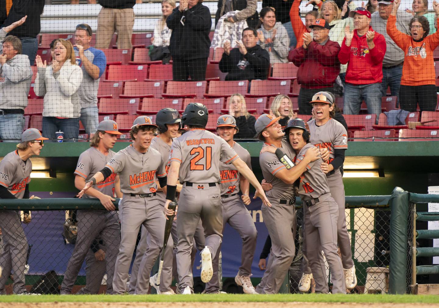 McHenry players celebrate after scoring runs in the sixth inning against South Elgin during the boys baseball Class 4A Kane County Cougars Supersectional on Monday, June 9, 2025 at Northwestern Medicine Field in Geneva. Ryan Rayburn for Shaw Local
