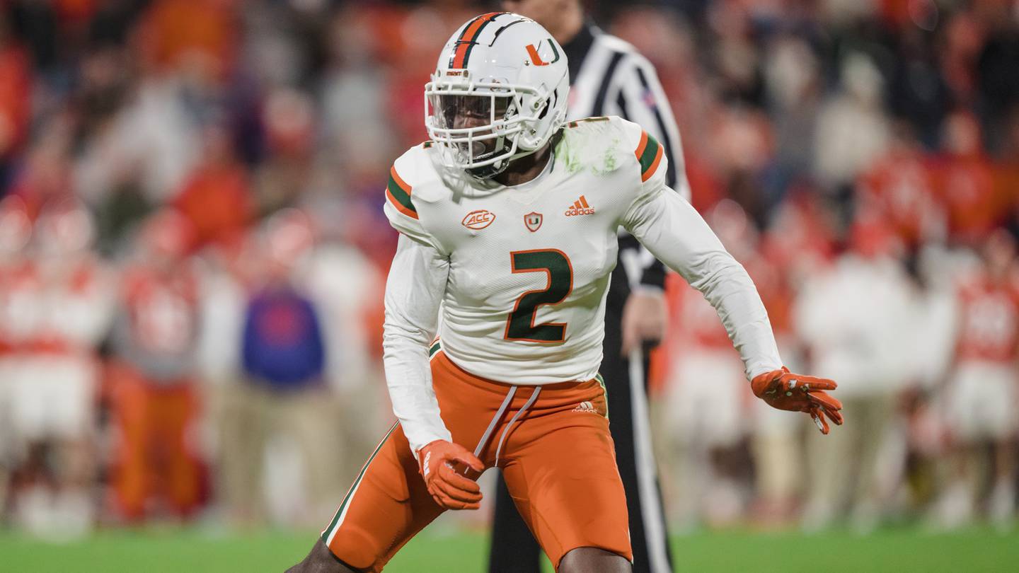 Miami cornerback Tyrique Stevenson plays against Clemson during the 2022 season in Clemson, S.C.