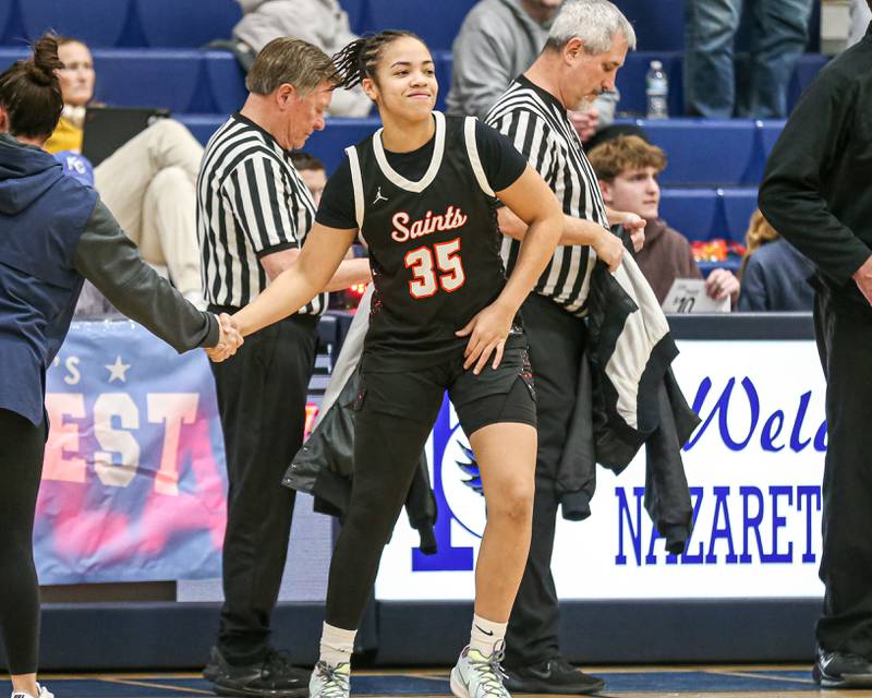 Saint Charles East's Corinne Reed (35) is introduced before their Coach Kipp's Hoopfest basketball game between Lyons at St Charles East. Jan 18, 2025 in La Grange.
