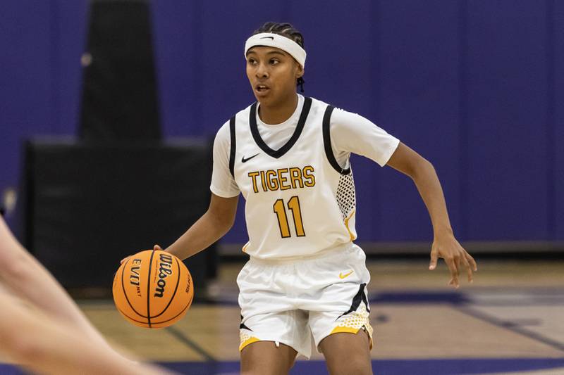Joliet West's Jada Perez looks for an opening during a WJOL Girls Basketball Tournament game against Tinley Park at Joliet Junior College on Nov. 18, 2025.