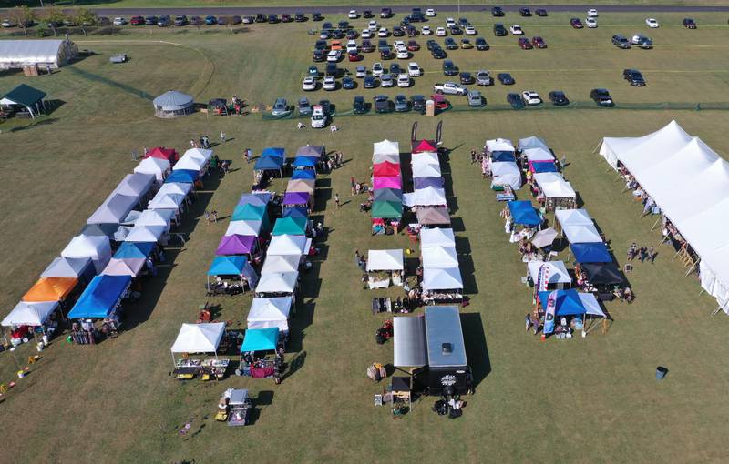 An aerial view of the 26th Annual Pumpkin Harvest Craft Show. at Boggios Orchard and Produce on Saturday, Sept. 27, 2025 in Granville. This weekend featured the craft show, market, bakery, and pumpkin hill free of charge. There is a cost to take the kids to the play area which includes a jumping pillow, corn maze, wagon rides, a petting zoo, and playground.
